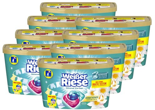 Weißer Riese Universal Trio-Caps Aromatherapie Essentials, 144 (8 x 18) Wäschen, Waschmittel mit Lotus & Mandelöl, Vollwaschmittel mit ätherischen Ölen und intensivem Frische-Effekt