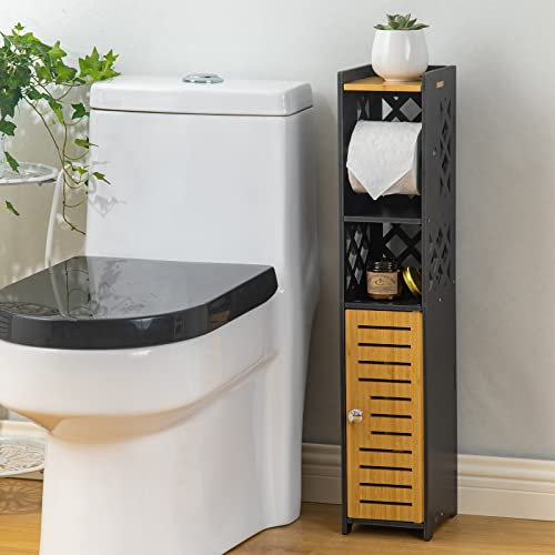 H HUIYKALY Toilet Paper Holder Stand - Behind Toilet Storage, Bathroom Stand With Insert, Slim Cabinet for Small Space, White