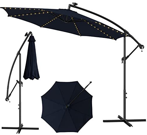 COSTWAY 3M Cantilever Garden Parasol with Solar-Powered 112 LED Lights, Offset Banana Umbrella with Tilted Design, Crank Handle & Cross Base, Outdoor Hanging Sun Shade for Patio Market (Navy)