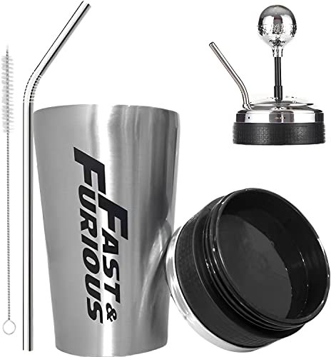 NEVRAH Fast and Furious 10 Vasos, Taza de Agua Estilo Rocker Gear Shift, Vasos Estilo Palanca De Cambios con Pajita y Tapa, Taza de Regalo de 500 ml, Taza de Bebida F10 de Acero Inoxidable 304