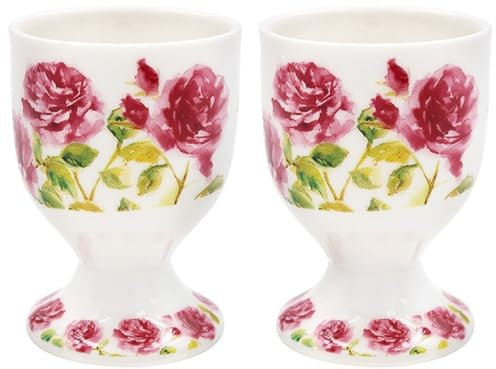 Rose Garden Ceramic Breakfast Egg Cups Floral Design Vintage Pink Roses Flowers