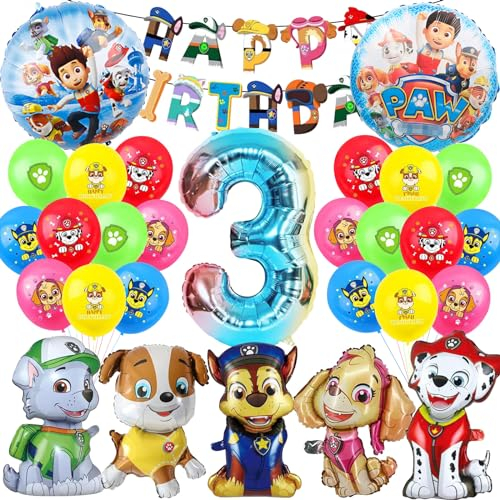 Mizijia 29 Stück Paw Dog Luftballons Geburtstag Set 3 Jahre Junge, Dog Geburtstagsdeko Folienballon, Kindergeburtstag Luftballons, Paw Dog Geburtstag Party Deko Ballons Set für Kinder (3)