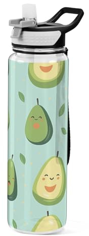 Mnsruu Smiley Avocado Wasserflasche mit Strohhalm, 1 Liter, Sportflasche, Tritan, BPA-frei, klare Trinkflasche für Erwachsene, Outdoor, Schule, Fitnessstudio, Reisen