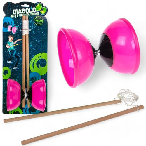 MIJOMA Kit de jonglerie Diabolo - 2 baguettes en bois et diabolo en plastique souple - Jeu de plein air compact pour enfants et adultes - Parfait pour la coordination et la dextérité (rose - Glow in
