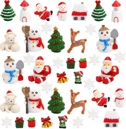 KAHIENG 60Pcs Weihnachten Miniatur Ornamente 4CM x 3CM Mini Weihnachten kleine Figuren Harz Weihnachtsmann Schneemann Elch Weihnachtsbaum für Weihnachten Garten Micro Landschaft Miniaturfiguren