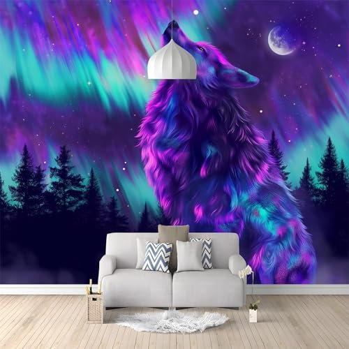 Purple Wallpaper Bedroom Kids Boys 3D Wallpaper Mural Neon Art Animal Wolf Moon Kids Teens Room 3D Poster Photo Wall Decoration Themed Room Playroom 250 x 175 cm (W x H)