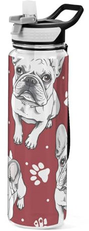 Mnsruu Dog French Bulldog Red Water Bottle Sports Drinking Bottle with Straw 1L BPA Free Tritan Clear Drinks Bottle for Kids Boys Girls Adults School Travel
