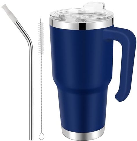 EQARD Mug Isotherme Cafe avec Paille Poignée Tasse de Voyage avec Couvercle étanche Gobelet Inox avec Tube Brosse Thermos Cafés pour Chaud ou Glacé Tous Sans BPA (Marine, 30oz Couvercle à Vis)