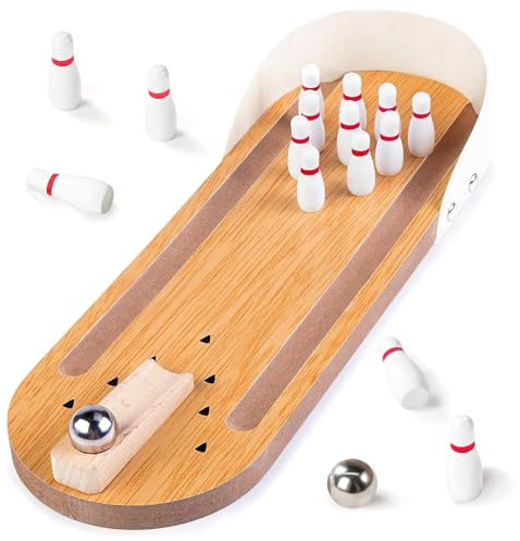 DabbOo Tischkegelbahn Kegelspiel für Kinder aus Holz Geschicklichkeitsspiele Erwachsene Mini Bowlingbahn Set mit 10 Stiften Lernspielzeug Geeignet für Partys und Eltern Kind Interaktion