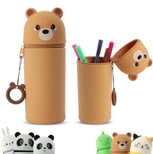 MHwan Kawaii Federmäppchen, Niedlicher und Bequemer Silikongriff, Leicht zu Transportieren und Aufzuhängen, Kann Als Stiftehalter und Mäppchen Verwendet Werden, Robust und Langlebig (Bär)