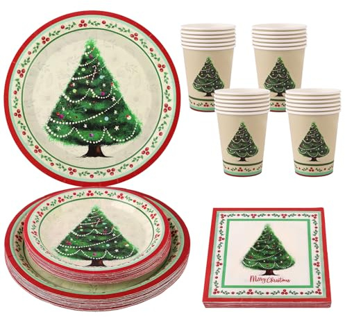 Kalolary Set di Stoviglie Natalizie Usa e Getta 96 Pezzi – 24 Set con Piatti da 9 e 7, Bicchieri da 9oz e Tovaglioli – Decorazioni per la Tavola di Natale per 24 Persone（Albero di Natale Verde）