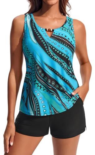 Hanna Nikole Tankini Damen Badeanzug, Bauchweg Zweiteiliger Bademode Set, Push Up Tank Oberteil mit Badeshorts, Sport Badeanzug für Damen Sportliche Strandmode