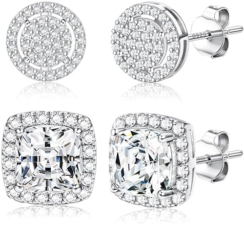 Roheafer Cubic Zirkonia Stud Ohrringe für Frauen Männer Hypoallergene Sterling Silber Post Ohrringe Runde Quadrat Eis Aus Ohrringes