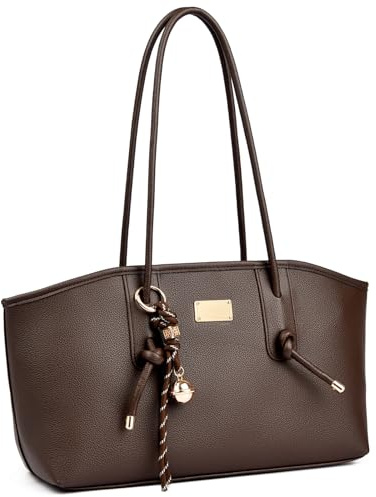 unisoul Handtasche Damen Mittelgroß, Y2K Tote Bag aus PU Leder Elegante Schultertasche mit verstellbarem Gurt und Anhänger, Vintage Umhängetasche für Büro Shopping Reise, Kaffee-Braun