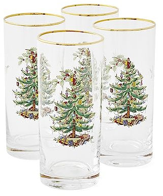 Spode Christmas Tree 15 Ounce Highball Glasses, Set of 4 (Crystal Clear,4 Count (Pack of 1))