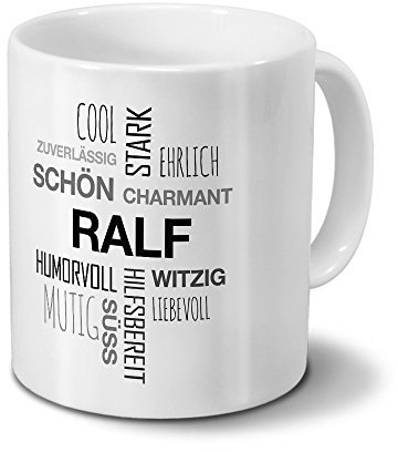 printplanet Tasse mit Namen Ralf Positive Eigenschaften Tagcloud - Schwarz - Namenstasse, Kaffeebecher, Mug, Becher, Kaffeetasse