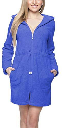 Aquarti Damen Morgenmantel Bademantel mit Kapuze und Reißverschluss, Farbe: Blau, Größe: XL