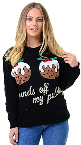 GirlzWalk ® Women Xmas Knitted Hands Off My Puddings Funny Two Cupcakes Christmas Jumper (Black, SM/UK 8-10)