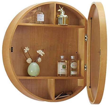 Armoire De Toilette Armoire De Toilette en Bois Miroir en Bois Massif avec Étagère Armoire De Toilette Ronde Murale, Ouverte À Gauche Et À Droite (Color : Wood, Size : 60cm/23.6inches)