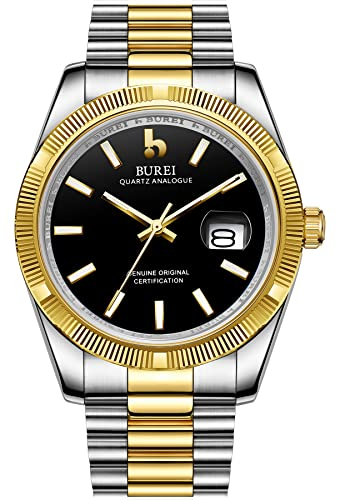 BUREI Luxus Herrenuhr Analog Quarzuhr Datumsanzeige mit Saphirglas Leuchtend und Edelstahlarmband (Schwarzes Gold)
