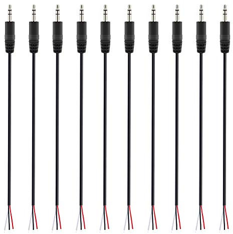 Fancasee 10 Pack Replacement 3.5mm Male Plug to Bare Wire Open End TRS 3 Pole Stereo 1/8 3.5mm Plug Jack Connector Audio Cable for Headphone Headset Earphone Cable Repair