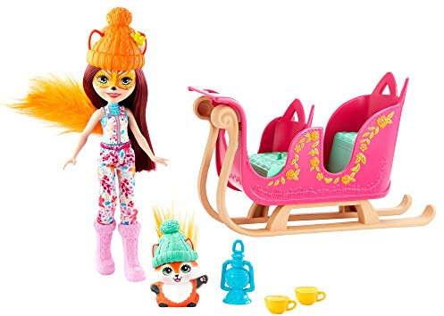 Enchantimals GJX31 - Schlittenfreunde Set mit Felicity Fox Puppe (15,24 cm), Tierfigur Flick, Schlitten und Zubehör, tolles Geschenk für Kinder von 3 bis 8 Jahren