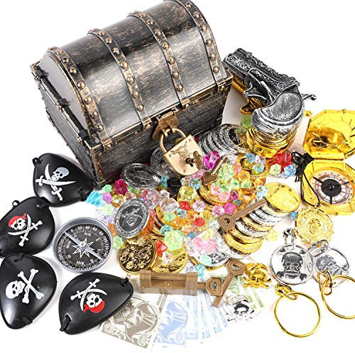 Sincere Party Bronze Pirate Treasure Chest with Pirate Coins,Pirate Jewels,Eyepatches,Rings,Earrings,Compass,Toy Gun,Badages,16pcs Paper Money
