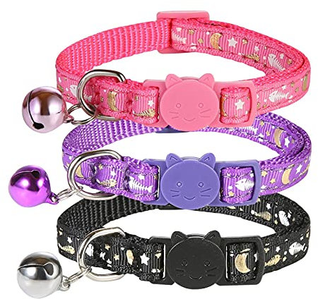 SLSON Lot de 3 colliers pour chat avec clochette, lune, étoile et os de poisson - Brillent dans le noir - Réglable de 18 à 28 cm - Violet, rose, noir