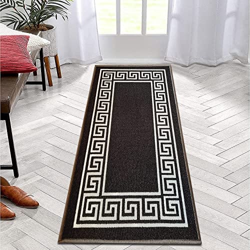 B&B Hallway Runner Kitchen Rug Non-Slip Washable Door Mat | 66 x 220 cm Anti Fatigue, Entrance Large Anti-Slip Floor Mat Stair Runner Rug Carpets - Greeky Rug - Dark Grey & Cream