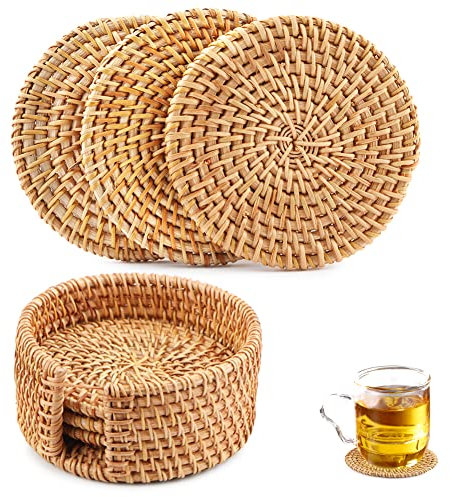 Rattan Coasters Set of 6pcs Handmade Woven Coasters with Holder, Round Natural Rattan Mats for Drinks Tea Cup Placemats Weave Mat Decorative Holder for Kitchen Table Drinks