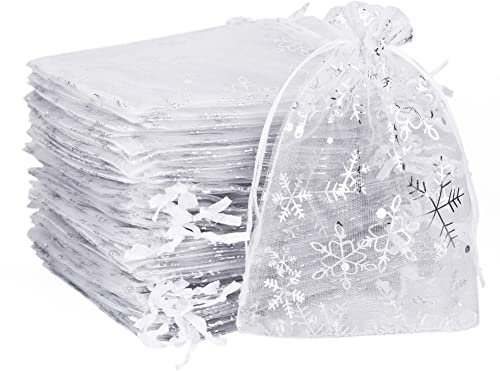 MAOOY 100 Stück 13X18 cm Organzasäckchen Weihnachten Weiß,Schneeflocke Organza Säckchen,Organza Beutel mit Kordelzug,Geschenksäckchen,Schmuckbeutel, Organzabeutel für Geschenk Weihnachten Deko