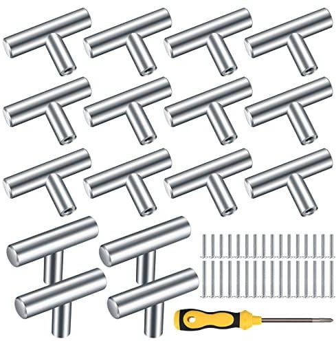 Kigniote 16PCS Cabinet T Bar Handle Chrome Kitchen Drawer Knobs Handles Silver Cupboard Knobs, Stainless Steel Kitchen Knobs Metal Drawer Pulls(Screws and Screwdriver Included)