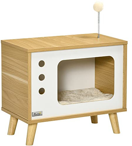 PawHut Katzenhaus, Katzenkiste TV-förmige mit Spielball, Kratzmatte Indoor Katzenhütte Katzenschrank Katzenunterstand Katzenbett, Katzenhöhle für Innen Draußen 50 x 28 x 43 cm Eiche+Beige+Weiß