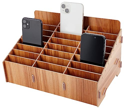 BENECREAT 24 Gitter Holz Mobiltelefone Aufbewahrungsbox, Teakholz Farbe Handy-Management-Aufbewahrungsbox Desktop-Organizer für Uhren, Brieftaschen, Münzen, Schlüssel