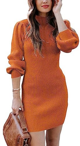 Timuspo Womens Turtleneck Sweater Dress Casual Long Sleeve knitted jumper dress Bodycon Party Dress for Spring Autumn Orange