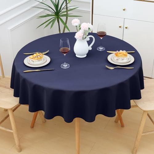 smiry Table Cloth Wipe Clean Round 150 cm, Wipeable Water Resistant Polyester Tablecloth, Washable Fabric 4 to 6 Seater Dining Table Cover for Kitchen Indoor Outdoor, Dark Blue