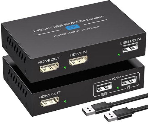 VPFET HDMI KVM USB Extender 394ft 120M Ove Cat 5e/6/7，1080P HDMI Ethernet Extender Balun Transmitter Receiver with Loop Out Function, Plug & Play for Mouse and Keyboard Control