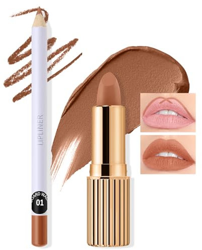 Boobeen 2Pcs Matte Lip Liner und Lippenstift Makeup Set Nude Lipliner Pencils mit mattem Lippenstift für Frauen, lang anhaltende Samt Lippenstifte Make up Set Geschenk