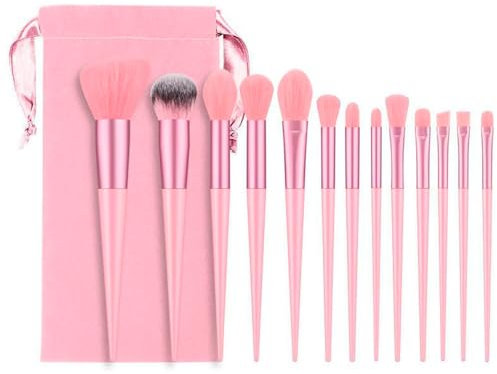 Set de 13 Brochas de Maquillaje Profesional con Bolsa de Terciopelo - Brochas para Colorete, Sombra de Ojos, Base y Más - Juego Completo para un Maquillaje y un Look Perfecto (Rosa)