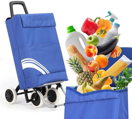 40Liter Wasserabweisender Trolley Einkaufstrolley Klappbar, Shopping Trolley, Einkaufswagen Faltbar, Einkaufstasche mit 4 Rädern, Einkaufskorb mit Rollen (Blau/Weiß)