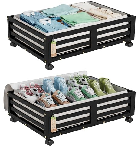 Bambus-Unterbett-Aufbewahrungsbehälter, Unterbett-Organizer mit Rollen mit großem Staubbeutel, stabiles Holz, rollt unter dem Bett, Schuh-Organizer, Schublade, 2 Stück