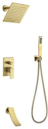 XFZJCHAP Shower System Single Handle Shower Faucet Set Wall Mounted Rain Shower Combo Set Brushed Gold Tub and Shower Trim Kit with 8 Inches Square Rain Shower,Showerheads