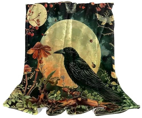 Eslifey Moon Moth Crow Pilz-Fleecedecke, Doppeldecke, weich, leicht, Plüsch, gemütlich, perfekt für Bett, Sofa, Couch, Reisen, Camping, 150 x 199 cm