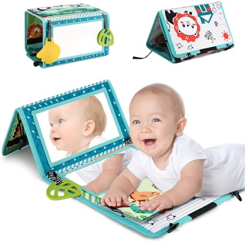 Tapvai Baby Spiegel Spielzeug, Faltbarer Baby Spiegel mit Knisterbuch, Beißring, Ideal für Neugeborene 0-12 Monate