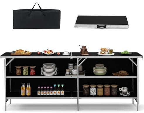 COSTWAY Campingschrank faltbar, tragbare Campingküche mit 2-stöckigen Regalen, Camping Faltschrank aus Aluminiumgestell, inkl. Tragetasche, für Picknick, Grillen, Partys, 206 x 38 x 83 cm