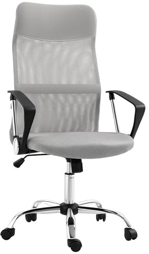 HOMCOM Silla de Oficina de Malla Silla de Escritorio Giratoria con Altura Ajustable Función de Basculante Respaldo y Asiento Transpirable Carga 120 kg para Estudio Gris Claro