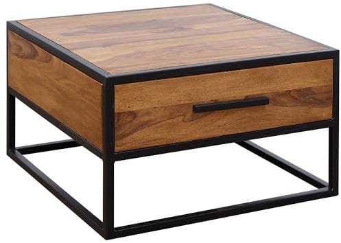 Couchtisch WL5.623 Massivholz/Metall Sofatisch 65x38x65cm | Design Wohnzimmertisch Sheesham | Stubentisch Industrial Braun | Designer Holztisch Kaffeetisch Massiv |