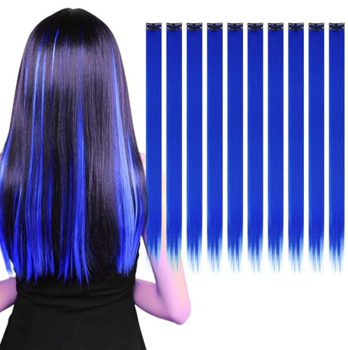KAIYAYA 10 Pcs Coloured Hair Extensions,Haarsträhnen Zum Einklipsen Clip in Extensions Kinder Haarverlängerung,Heat Resistant Hairpieces,Clips for Women,Girls,Children,Party(Crystal blue)