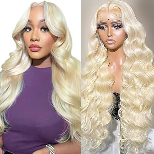 Hxxcoup Human Hair Wig Body Wave 13x4 Lace Front #613 Blonde Echthaar Perücke Perücke Damen Glueless Wear and Go Blenched Knots with Baby Hair for Woman Minimal Smell 26 Zoll