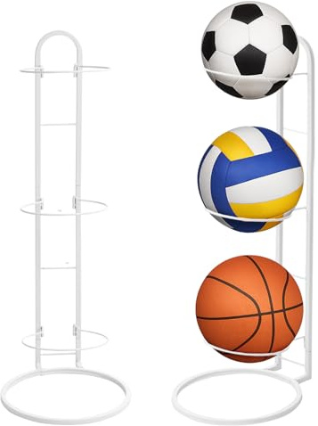 3 Tier Ball Storage Rack Metal Vertical Sports Equipment Organizer Stand Sports Football Stand for Football Basketball Volleyball (White, 3 Tier)